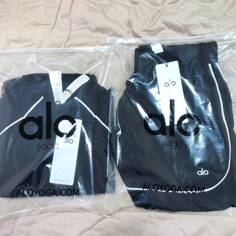 ALO Yoga Black Active Jacket and Shorts Set with White Piping